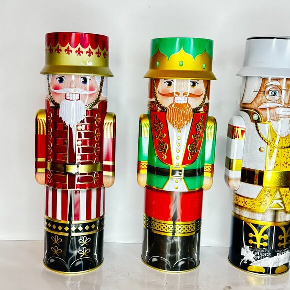Silver Crane Christmas 12" Empty Tin Collector Nutcracker Holiday Lidded Set 4 - Picture 3 of 11